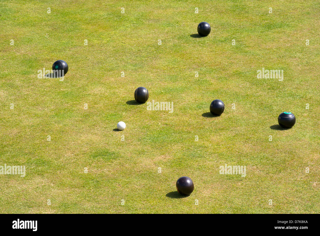 Bowling green bocce e jack durante una partita. Foto Stock