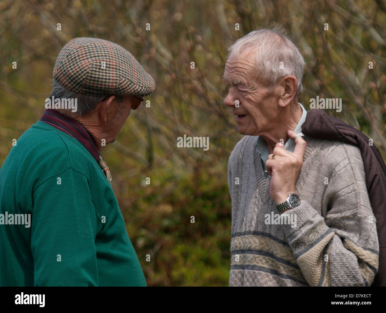 Due uomini anziani in chat, Regno Unito 2013 Foto Stock
