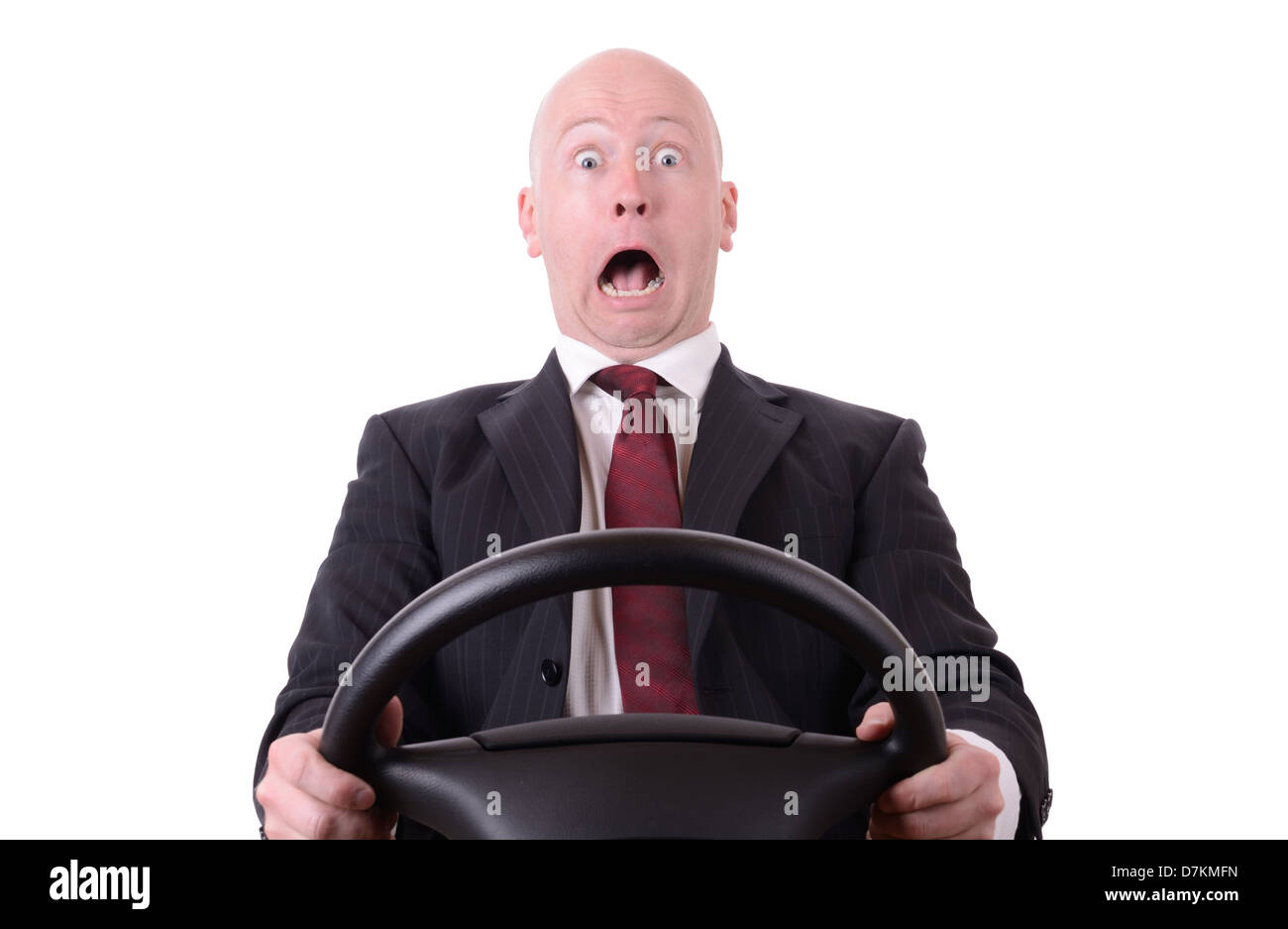 Shock business isolato su bianco imprenditore con volante Foto Stock