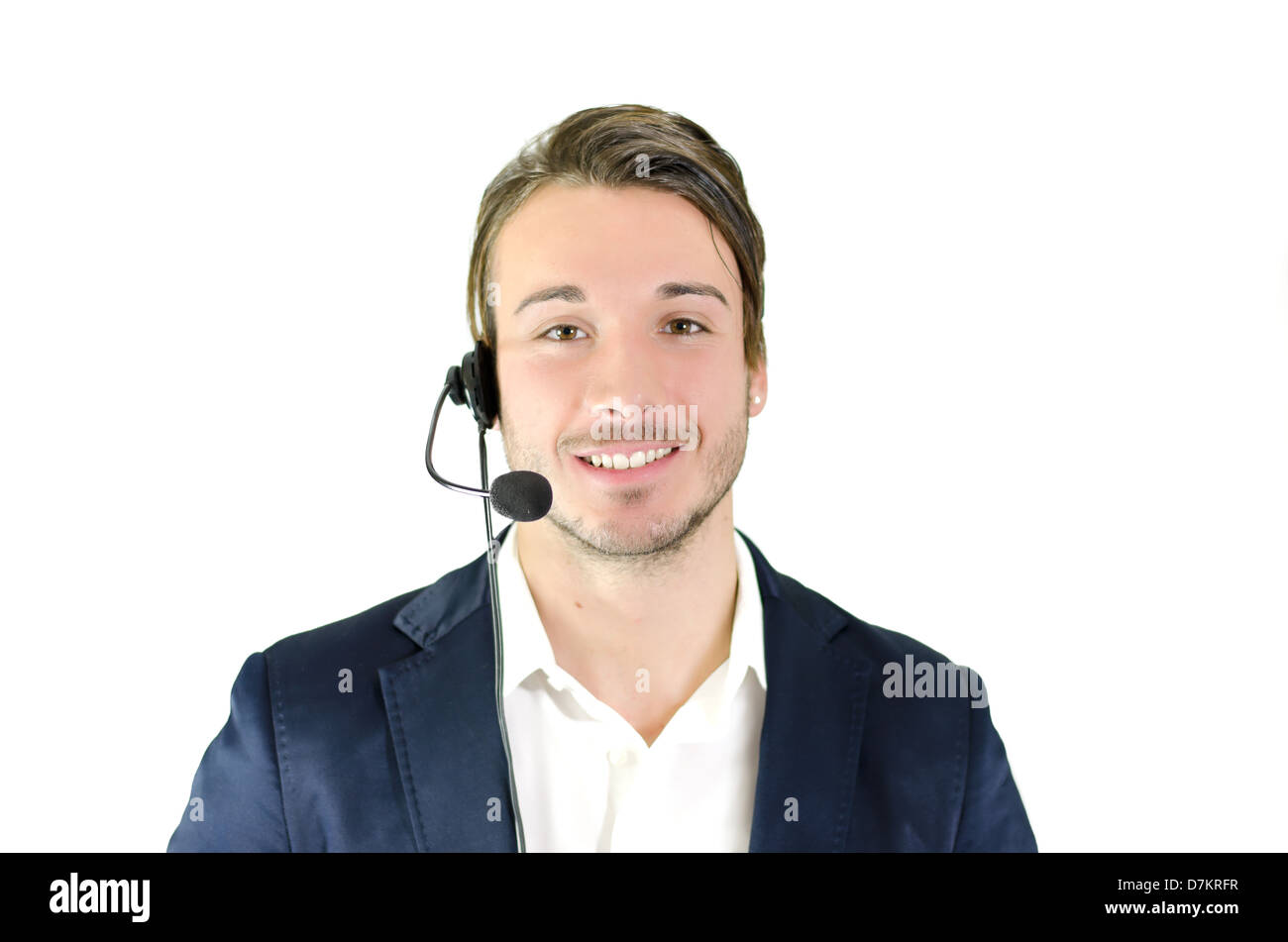 Giovane uomo, telemarketing, helpdesk, servizio clienti con operatore headseet, isolato Foto Stock