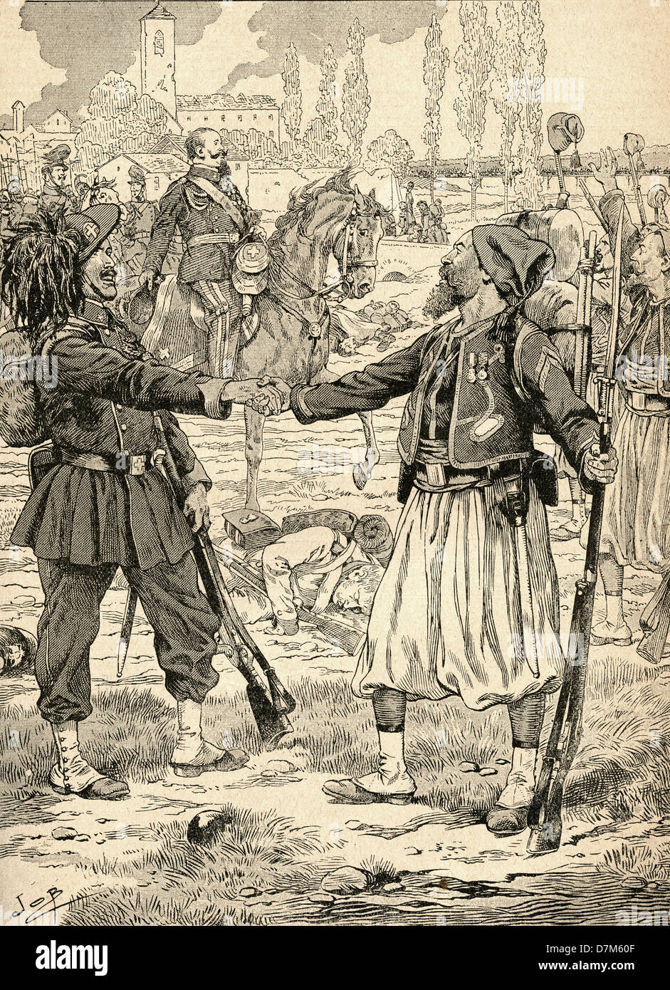 Francese e soldati sardi agitare le mani per celebrare la vittoria contro gli Austriaci dopo la battaglia di Palestro, Italia, 1859. Foto Stock
