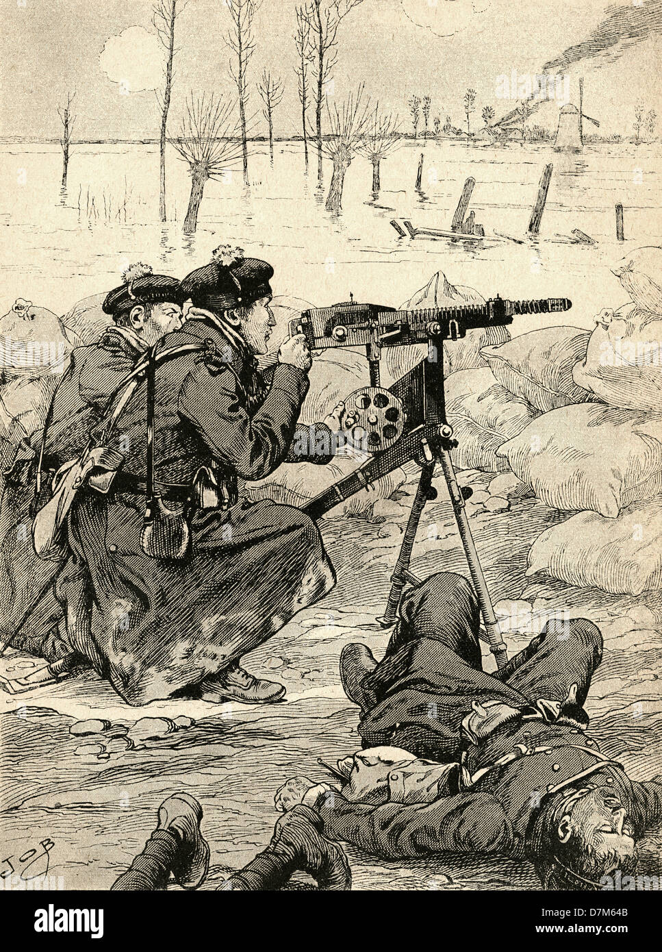 Macchina francese del team di pistola alla battaglia del Yser, Belgio, 1915 durante la Prima Guerra Mondiale. Foto Stock
