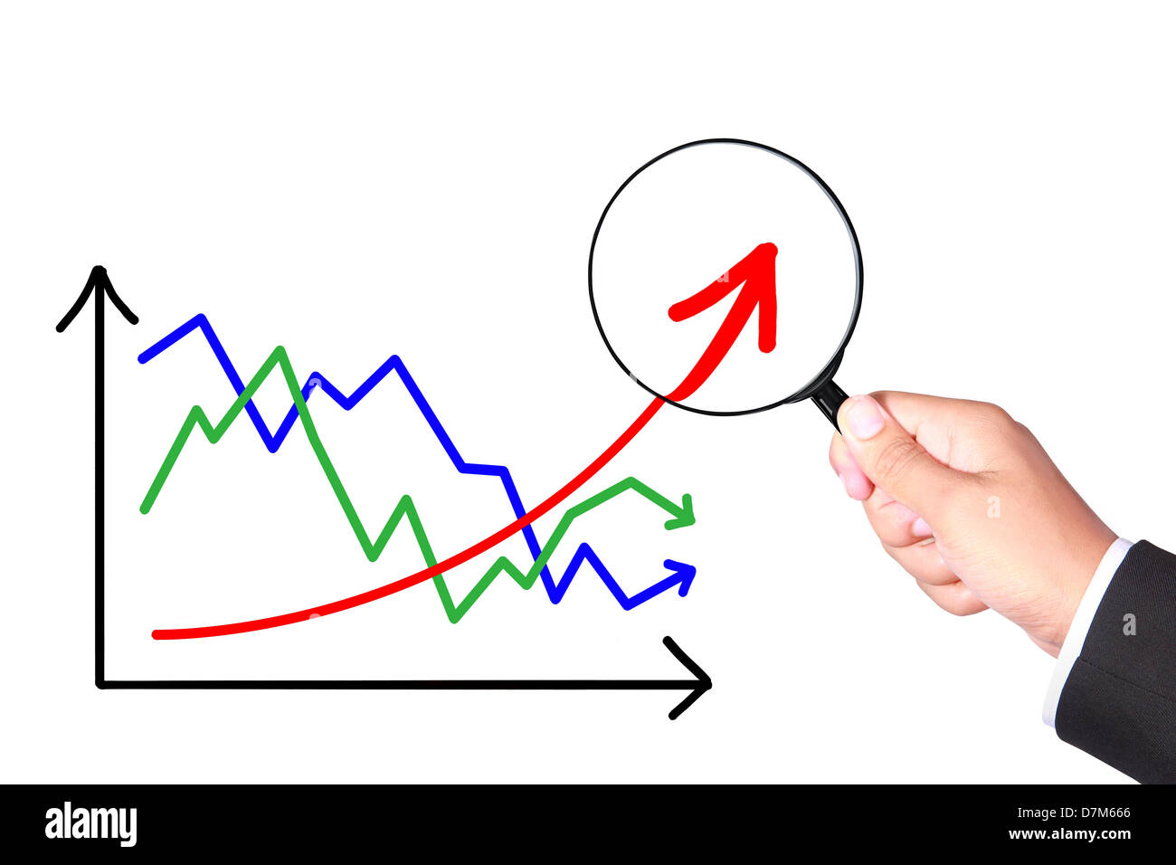 Imprenditore tenendo la lente di ingrandimento per ingrandire freccia la crescita di segno Foto Stock