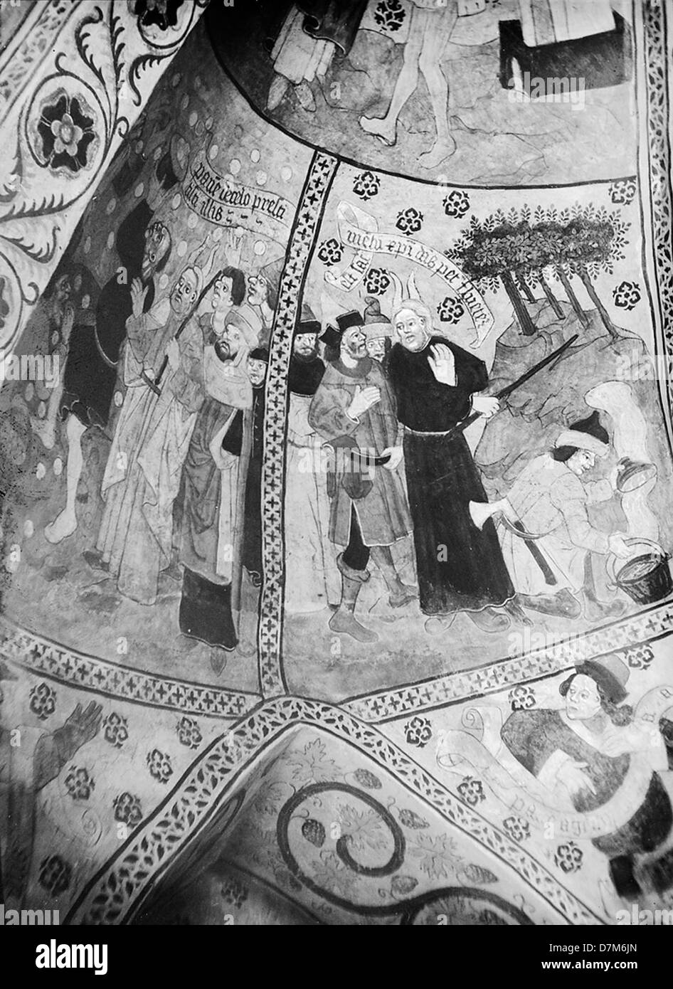 Questo dipinto murale nella chiesa di Tåby, situata in Uppland, Svezia, mostra l'arte religiosa scandinava tradizionale. L'opera d'arte riflette il significato culturale e storico della chiesa e il suo patrimonio artistico. Foto Stock