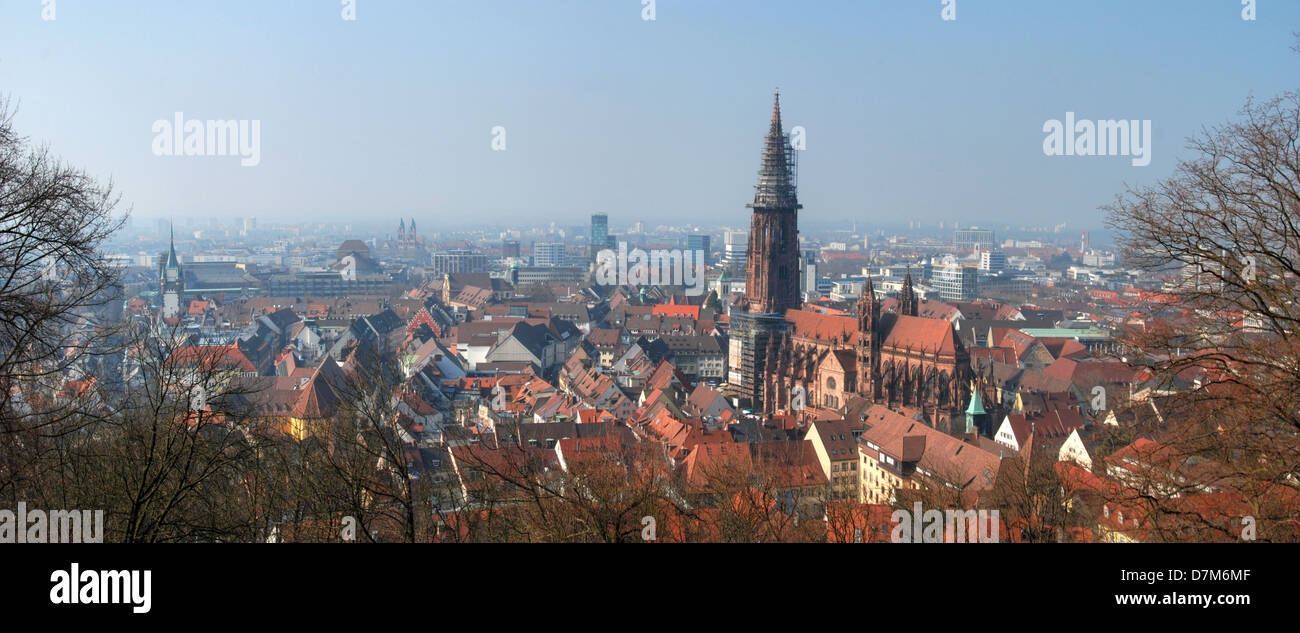 Panoramica di Freiburg im Briesgau, con Friburgo Münster Foto Stock