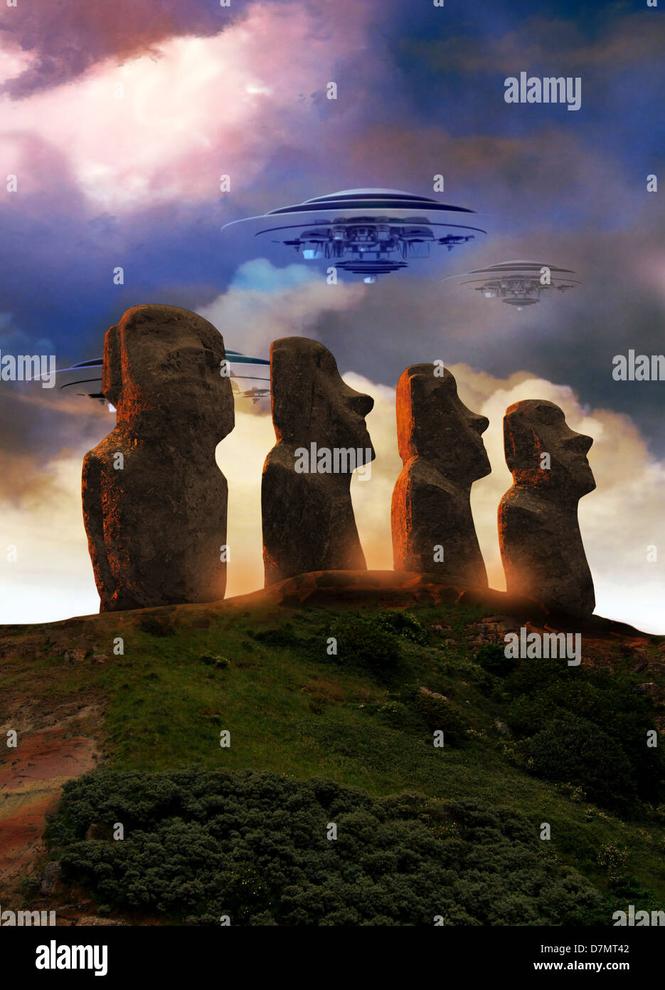 Ufo su isola di pasqua, artwork Foto Stock