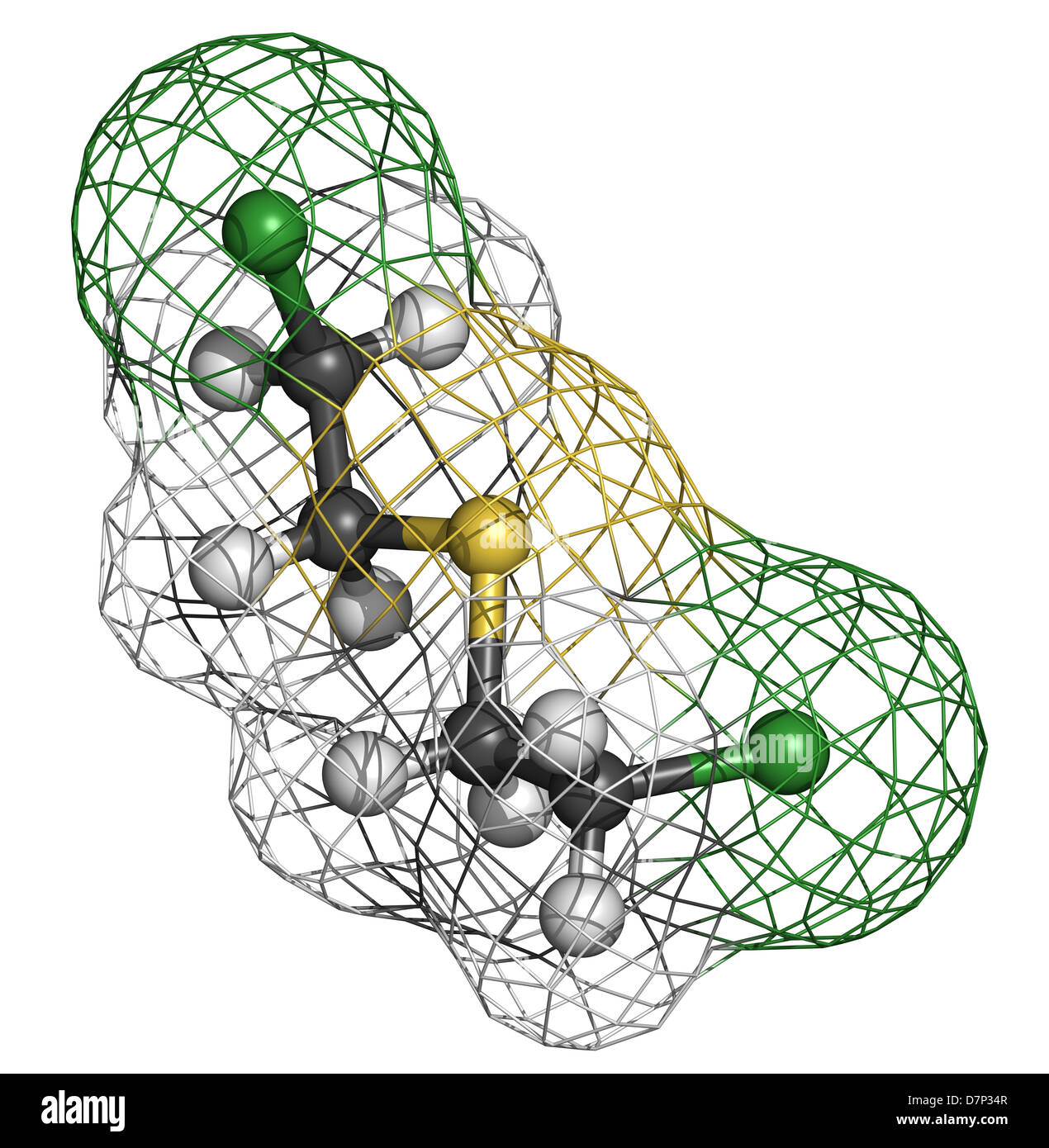 Gas mostarda (iprite, bis(2-cloroetil) solfuro) molecola, struttura chimica. Gas mostarda è una guerra chimica agente. Foto Stock