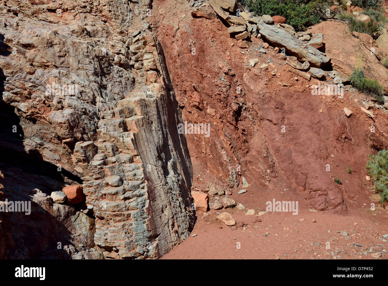 Slickensides sulla superficie di una anomalia normale compensato in pietra arenaria bianca dal rosso scisto. Parco Nazionale di Arches, Moab, Utah, Stati Uniti d'America. Foto Stock
