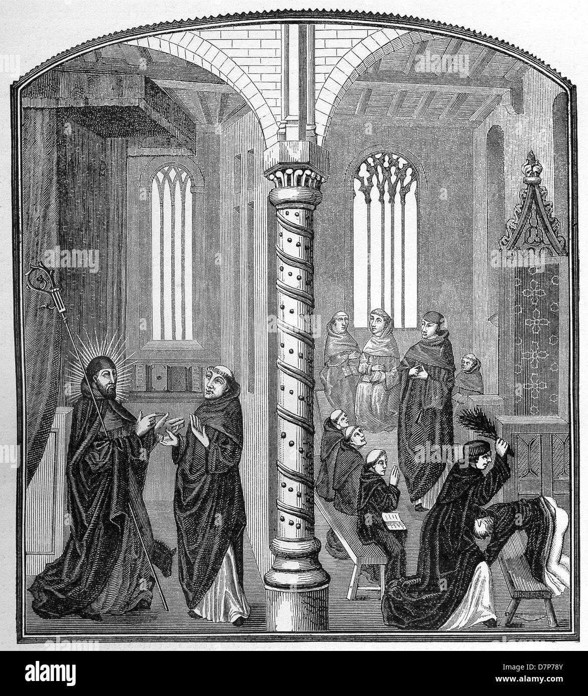 Un xv secolo d.c. la scuola con i frati mendicanti dove la pena viene comminata con un tipo di canna da zucchero stick. Foto Stock