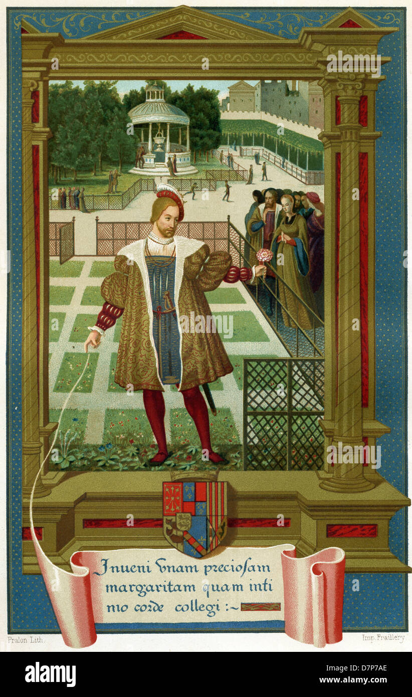 Il Re di Navarra 1517 1555, Henri d'Albret, incontra Marguerite di Angouleme, nel giardino a Alencon in Francia. Foto Stock