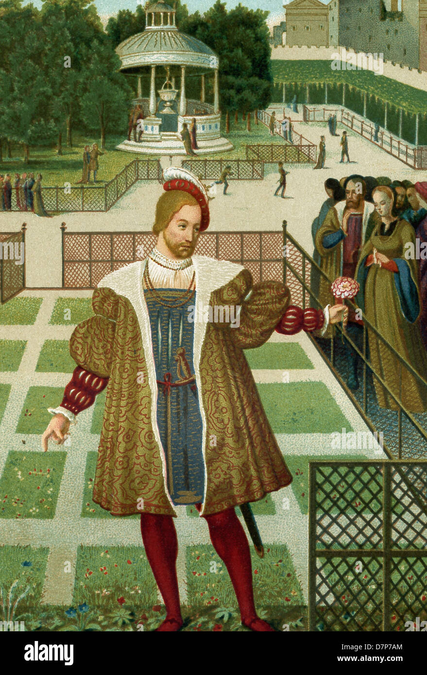 Il Re di Navarra 1517 1555, Henri d'Albret, incontra Marguerite di Angouleme, nel giardino a Alencon in Francia. Foto Stock
