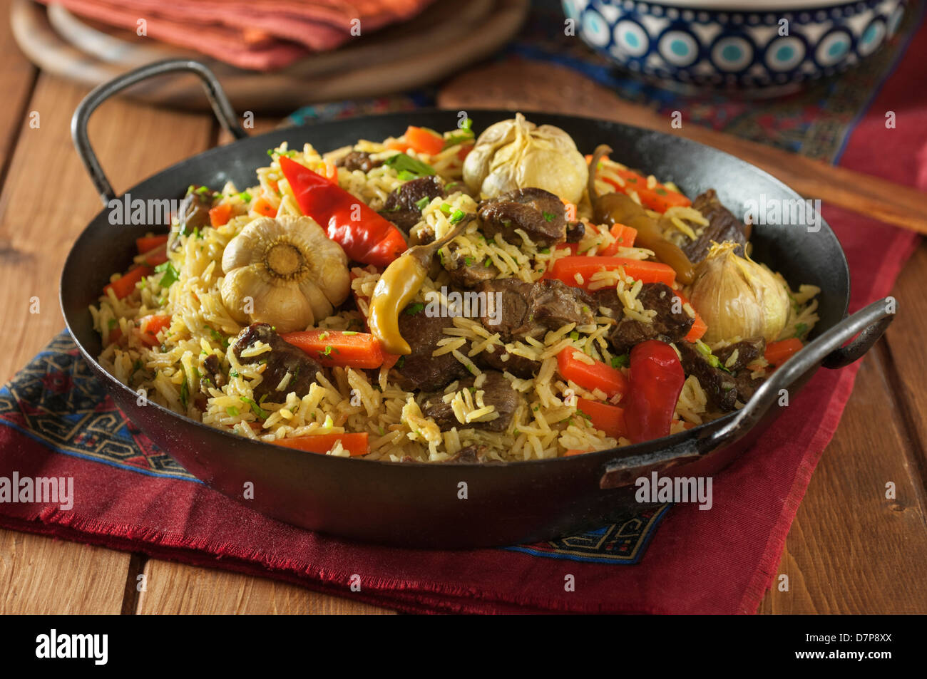 Plov agnello e riso pilaff Asia Centrale cibo Foto Stock
