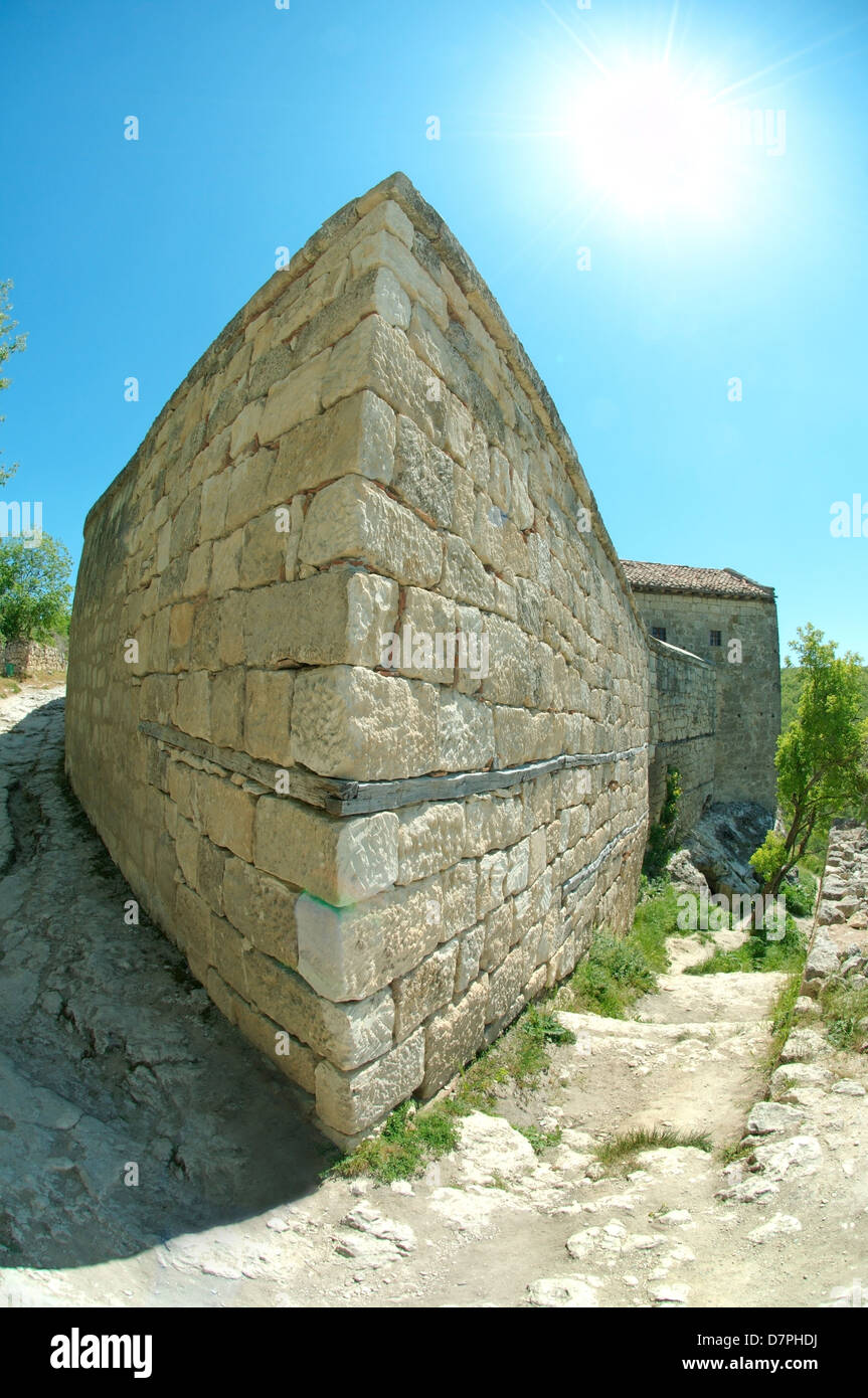Angolo dell'edificio, Çufut Qale, Chufut-Kale (fortezza ebraica) Crimea, Ucraina, Europa orientale Foto Stock