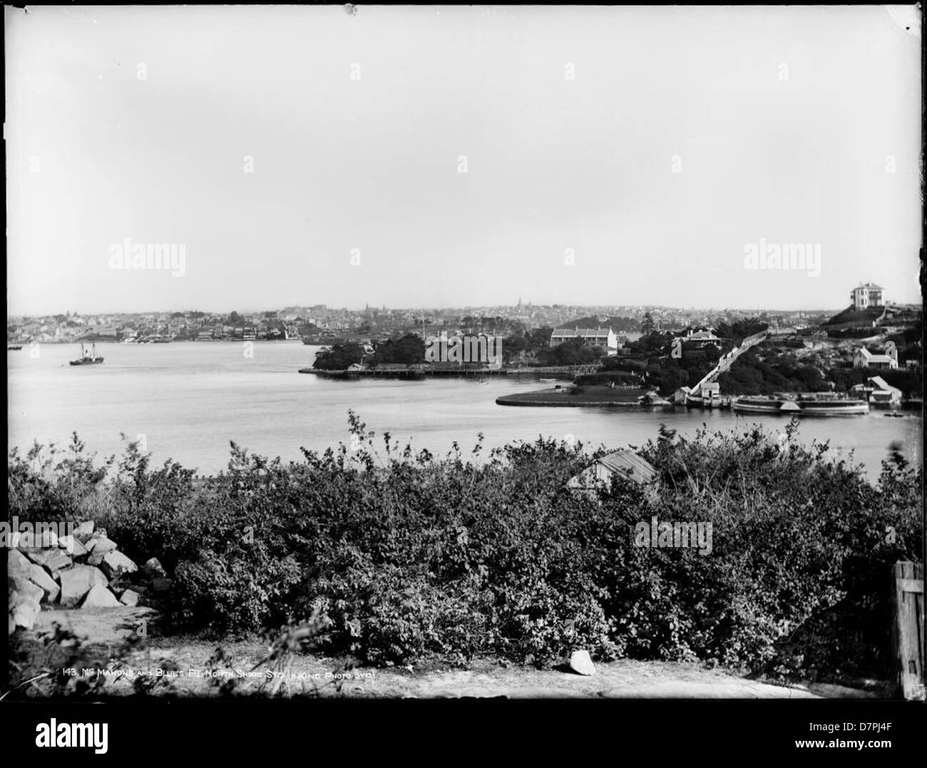 Questa fotografia storica raffigura McMahons e Blues Point, situati sulla costa nord di Sydney. L'immagine cattura i primi paesaggi della zona e fornisce informazioni sul suo sviluppo e sull'evoluzione architettonica. Foto Stock