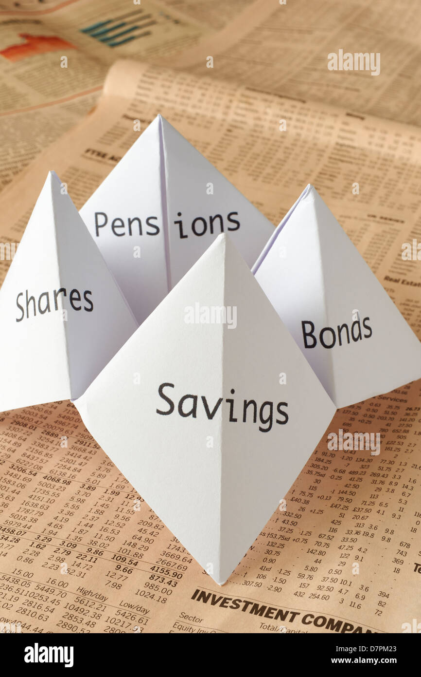 Origami fortune teller sulla carta finanziaria mostra condividono i prezzi Foto Stock