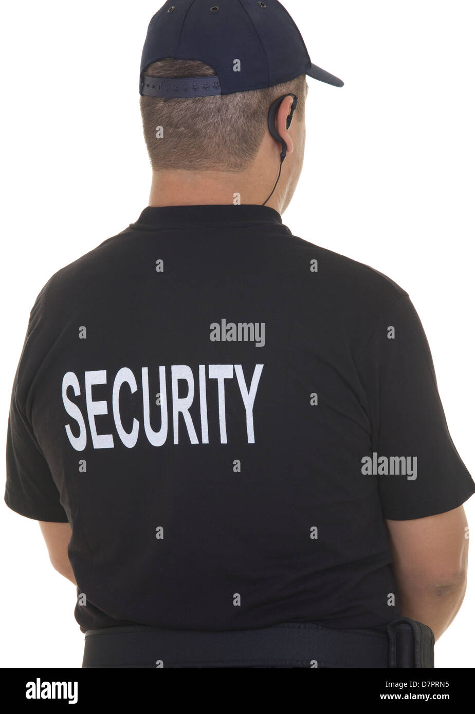 Retro di una guardia di sicurezza isolato su bianco Foto Stock