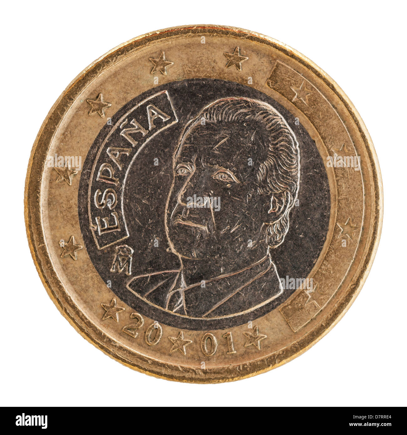 Una spagnola 1 euro moneta su sfondo bianco Foto Stock