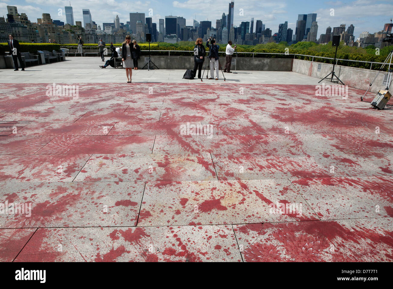 New York, NY, STATI UNITI D'AMERICA. 13 Maggio, 2013. Una larga scala di sito-specifica opera d'arte da Imran Qureshi artista noto per il suo stile unico della combinazione di motivi, simbologia, e tecniche ornamentali di arte islamica con i moderni approcci concettuali - è il 2013 installazione sul diaframma e B. Gerlad Cantor Roof Garden al Metropolitan Museum of Art, apertura Maggio 14th. Autorizza il giardino sul tetto commissione: Imran Qureshi, il progetto rappresenta l'artista della risposta emotiva alla violenza che si verificano in tutto il mondo negli ultimi decenni e la sua fervida speranza per la rigenerazione e una pace duratura in seguito Foto Stock