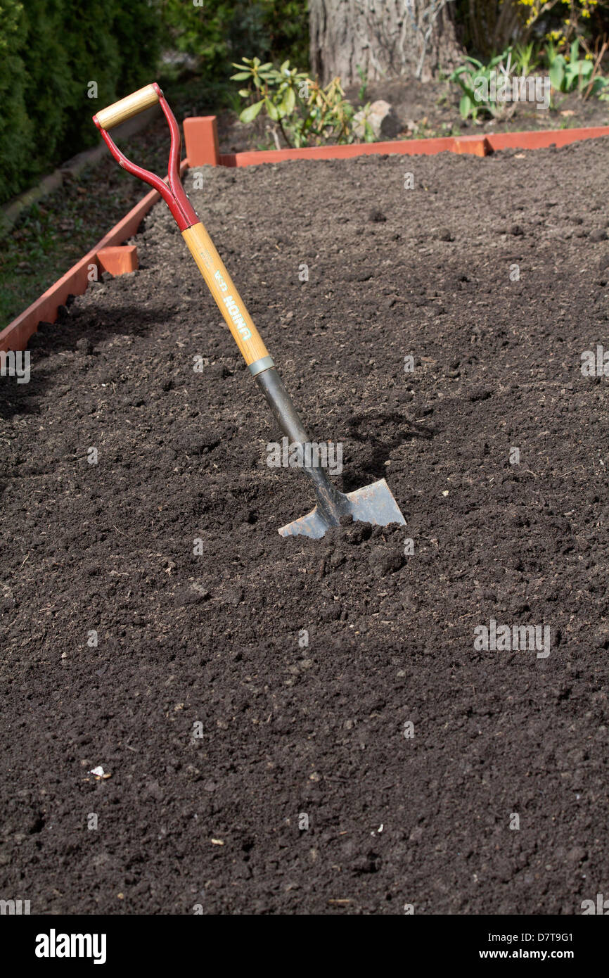 Una vanga nel terreno il giardino ha rialzato il letto di ortaggi nel terreno di preparazione del giardino nessuno dalla verticale buon terreno verticale negli Stati Uniti hi-res Foto Stock