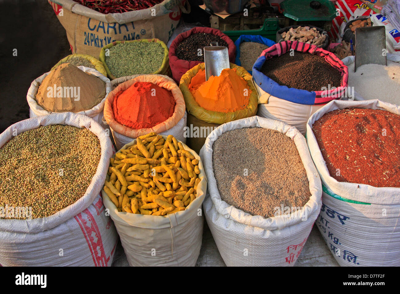 Visualizzazione di spezie colorate, Uttar Pradesh, India Foto Stock