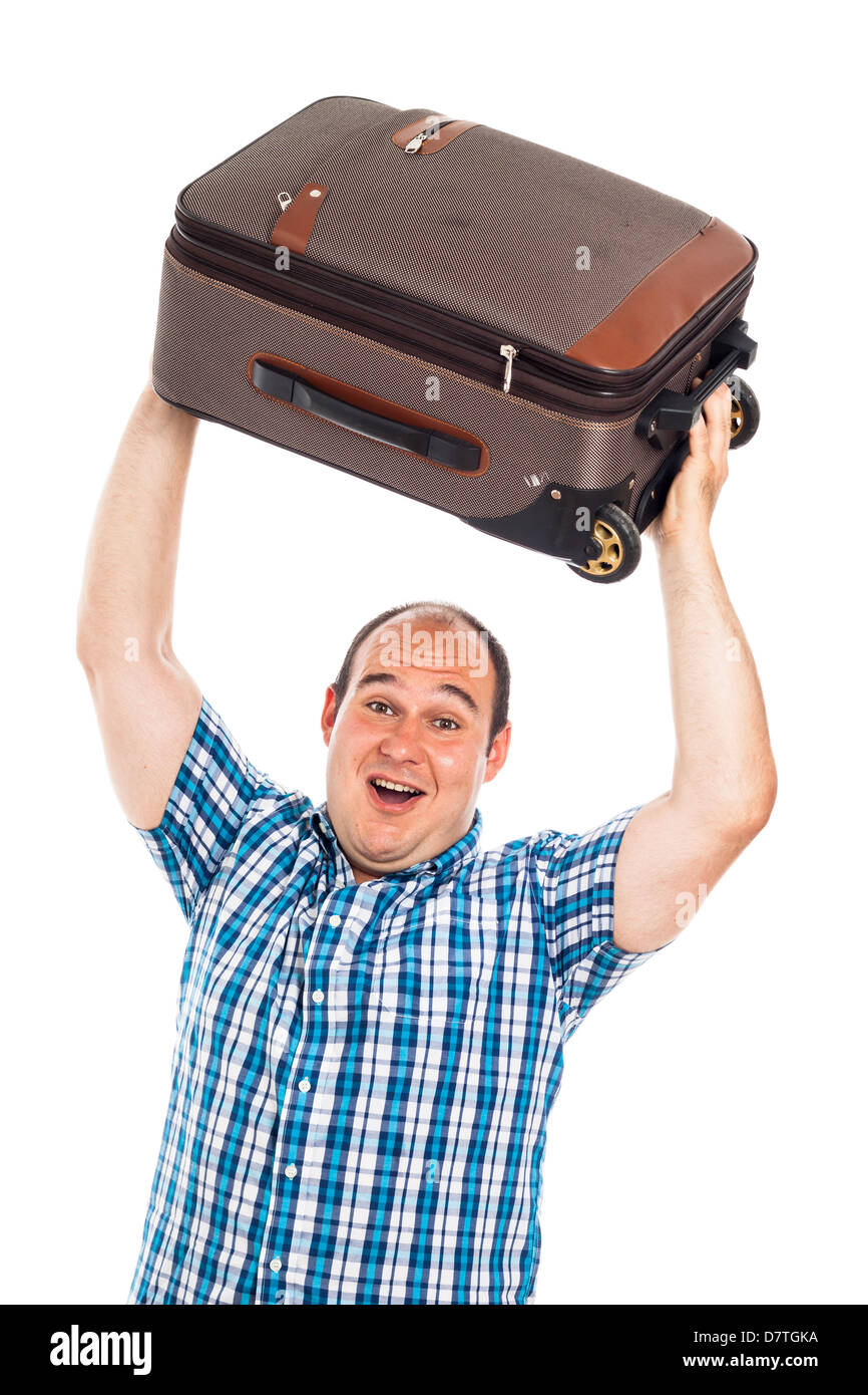 Passeggero estatica uomo sollevando il suo bagaglio, isolati su sfondo bianco Foto Stock