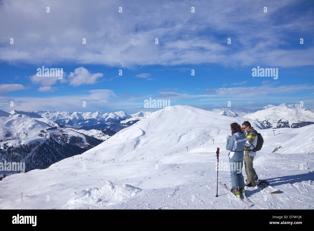 Vista La Plagne, Savoie, sulle Alpi francesi, Francia Foto Stock