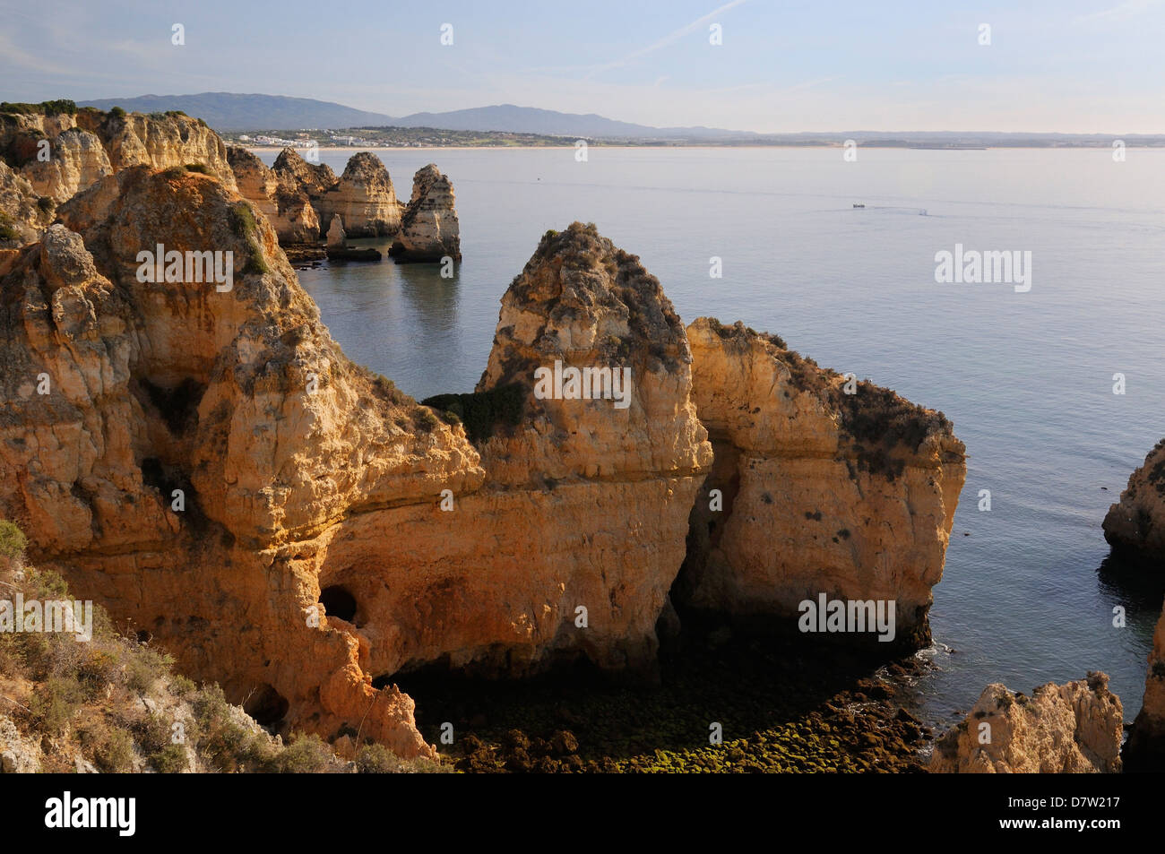 Weathered scogliere di arenaria e pile di mare a Ponta da Piedade, Lagos, Algarve, PORTOGALLO Foto Stock