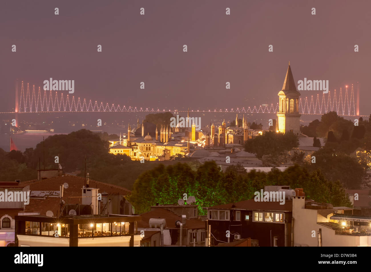 Il Topkapi Palace e il ponte sul Bosforo di notte, Istanbul, Turchia Foto Stock