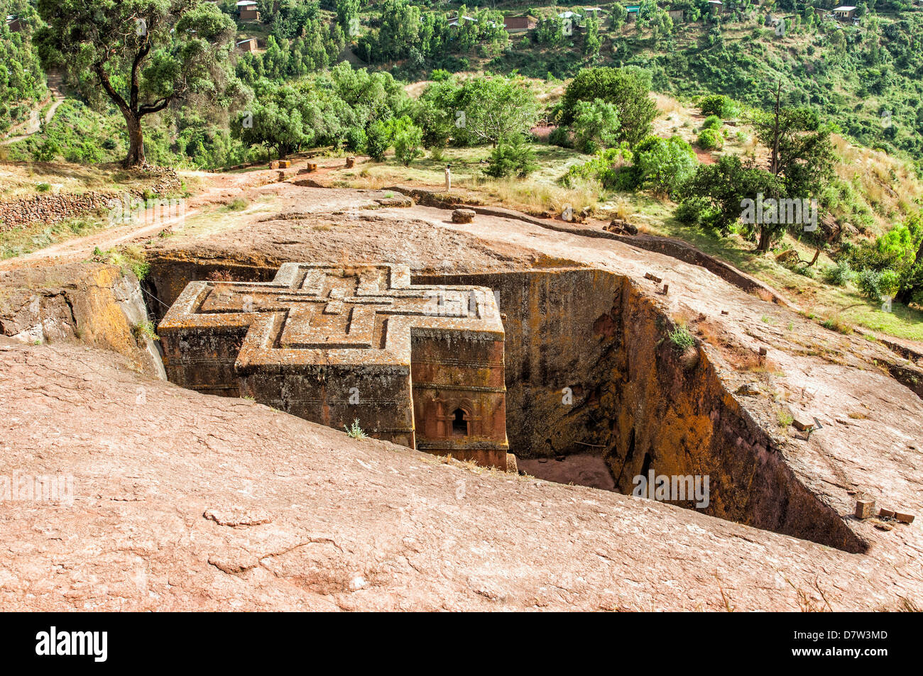Roccia monolitica-cut Chiesa di Bete Giyorgis (St. George), il Sito Patrimonio Mondiale dell'UNESCO, Lalibela, Amhara Region, Etiopia settentrionale Foto Stock