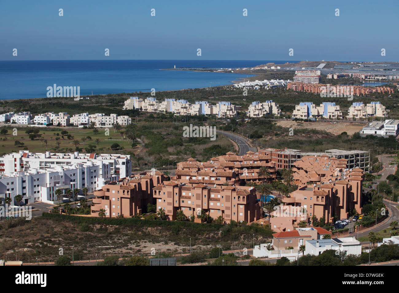 Abbandonato costruzione siti sulla Spagna costa del. Almeriamar, Almeria, Andalusia, Spagna, Europa UE Foto Stock