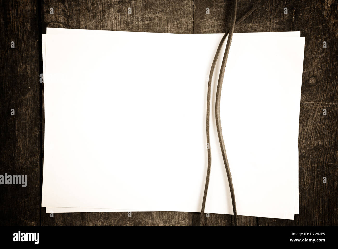Carta bianca e pelle stringa su uno sfondo di legno, seppia tonica. Foto Stock