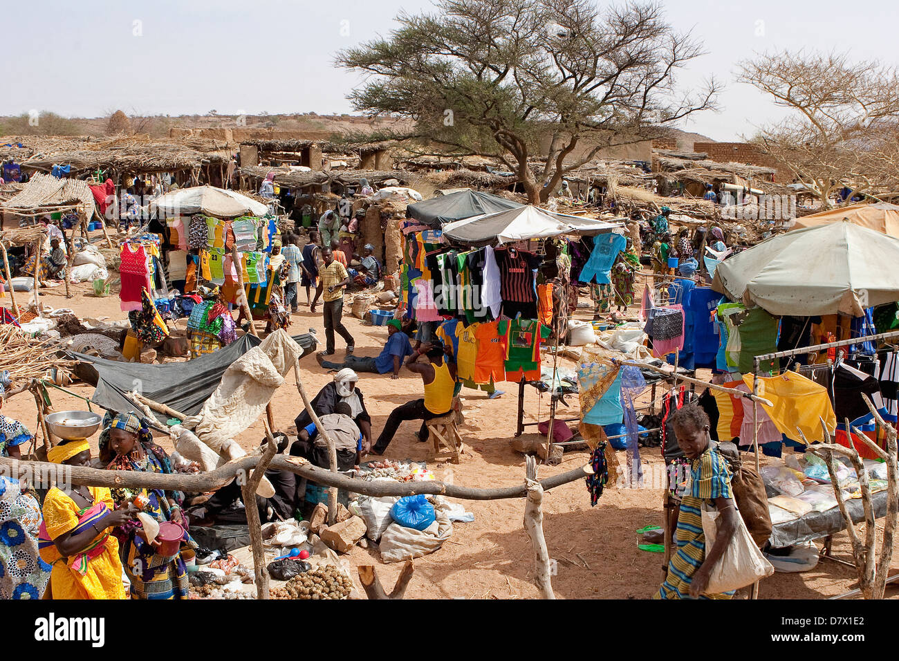 Villaggio Dogon mercato di Symbi con insediamenti nomadi dei Tuareg, Fula (Peuhl), Sonrai e popolo Dogon, centro di Mali Foto Stock