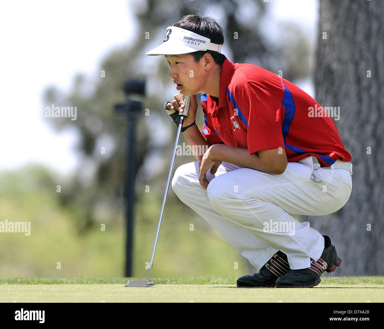 14 maggio 2013 - Albuquerque, NM, Stati Uniti - La Cruces' Davis Chung occhi il suo putt sul diciottesimo verde nelle finali dei ragazzi 5A STATO campionati di golf. Martedì, Maggio. 14, 2013. (Credito Immagine: © Jim Thompson/Albuquerque ufficiale/ZUMAPRESS.com) Foto Stock