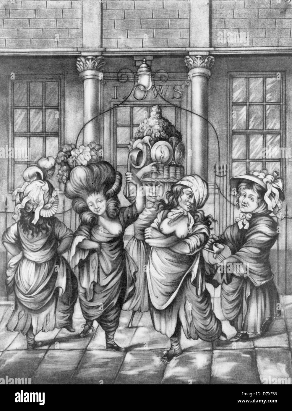 Umori del giorno di maggio - Cartoon print mostra bawdy donne revelers ballare in strada prima di una porta inscritta 'bassi', circa 1778 Foto Stock