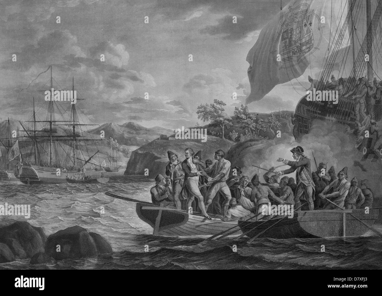Lo spagnolo insulto alla bandiera britannica a Nootka Sound, 1789 Foto Stock