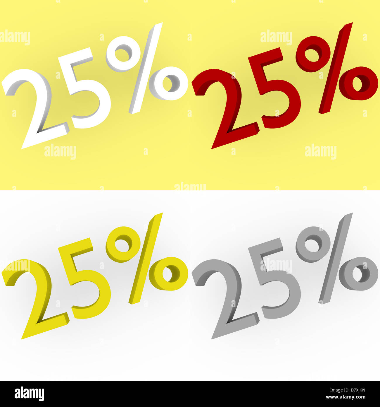 3D Render 25 percento in bianco, rosso, argento e oro Foto Stock