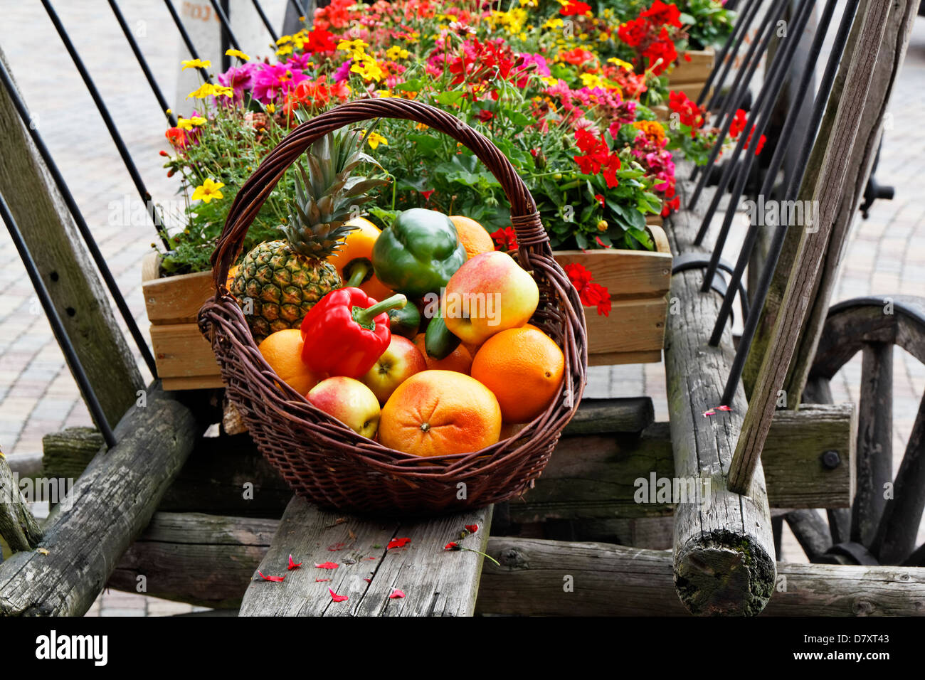 Cesto di frutta al vecchio carro in legno, colori caldi Foto Stock