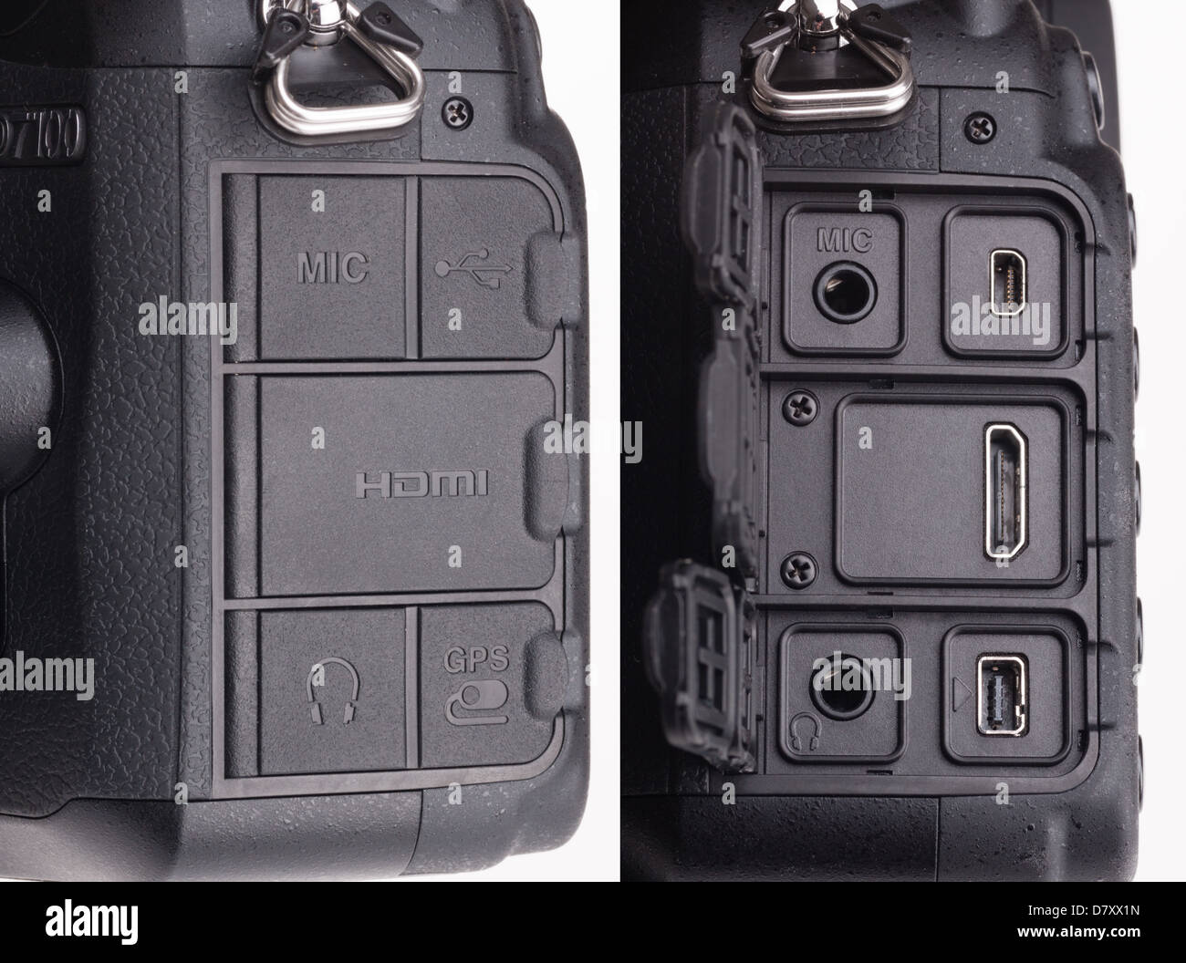 Nikon D7100 Reflex digitali - interfacce o porte per HDMI, microfono,  cuffie, GPS, telecomando, USB con gomma copertura impermeabile Foto stock -  Alamy