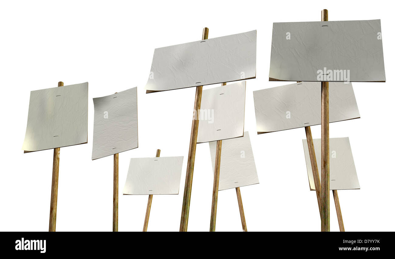Un gruppo di nove vuoto, bianco picket cartelloni attaccati ai pali in legno su un sfondo isolato Foto Stock