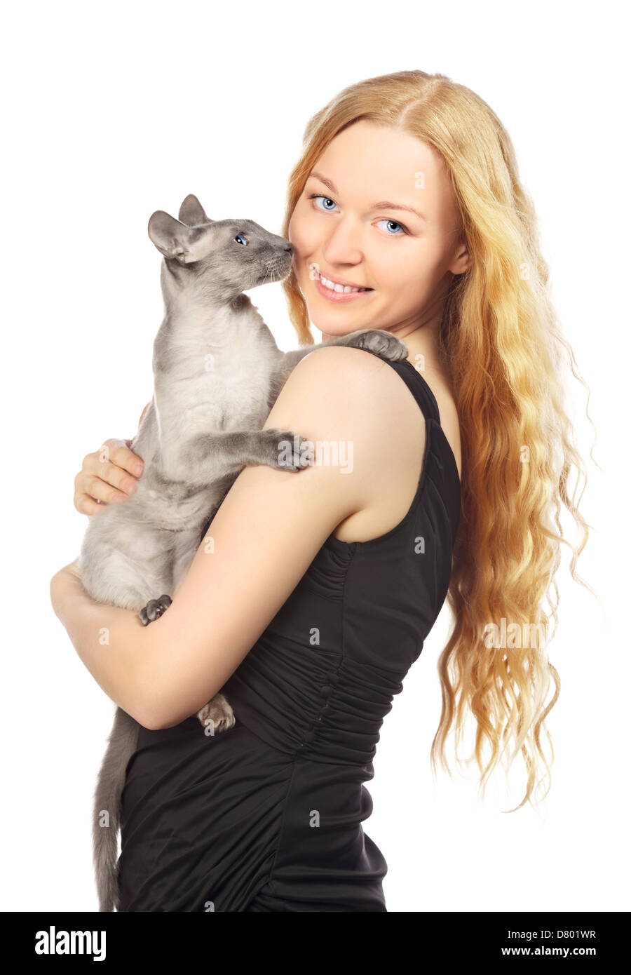 Bellissima Ragazza con gatto, isolato su bianco Foto Stock