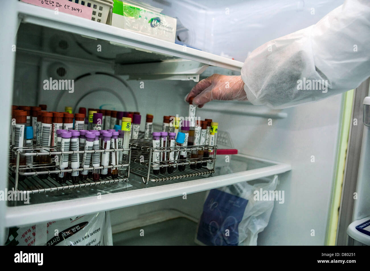 I campioni di sangue vengono memorizzati in un ospedale frigorifero durante la procedura di inchiesta. Foto Stock