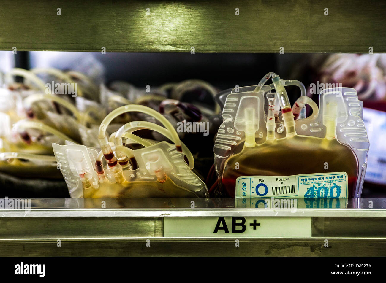Close up di sacche di sangue contaiining tipo AB+ (positivo) sangue. Foto Stock