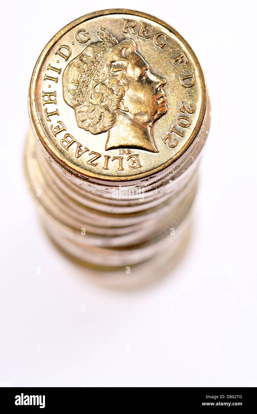 Pila di British £1 monete Foto Stock