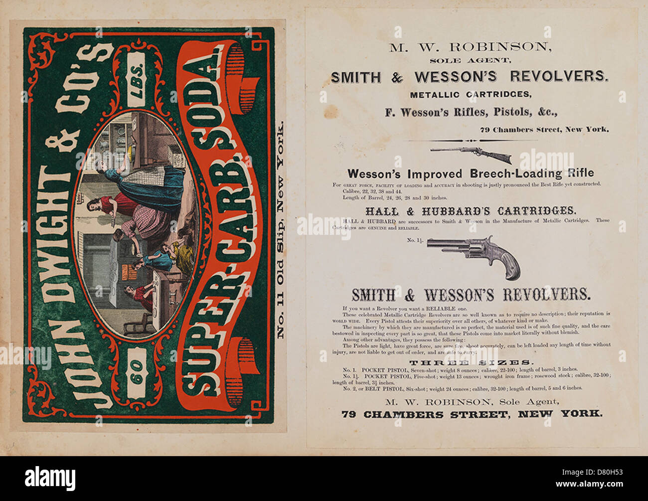 Un annuncio di John Dwight & Co. Per la loro soda Super-Carb, insieme a una promozione per revolver Smith & Wesson di M.W. Robinson. L'annuncio mette in evidenza sia la cultura occidentale americana che le industrie in espansione dei primi anni del XX secolo. Foto Stock