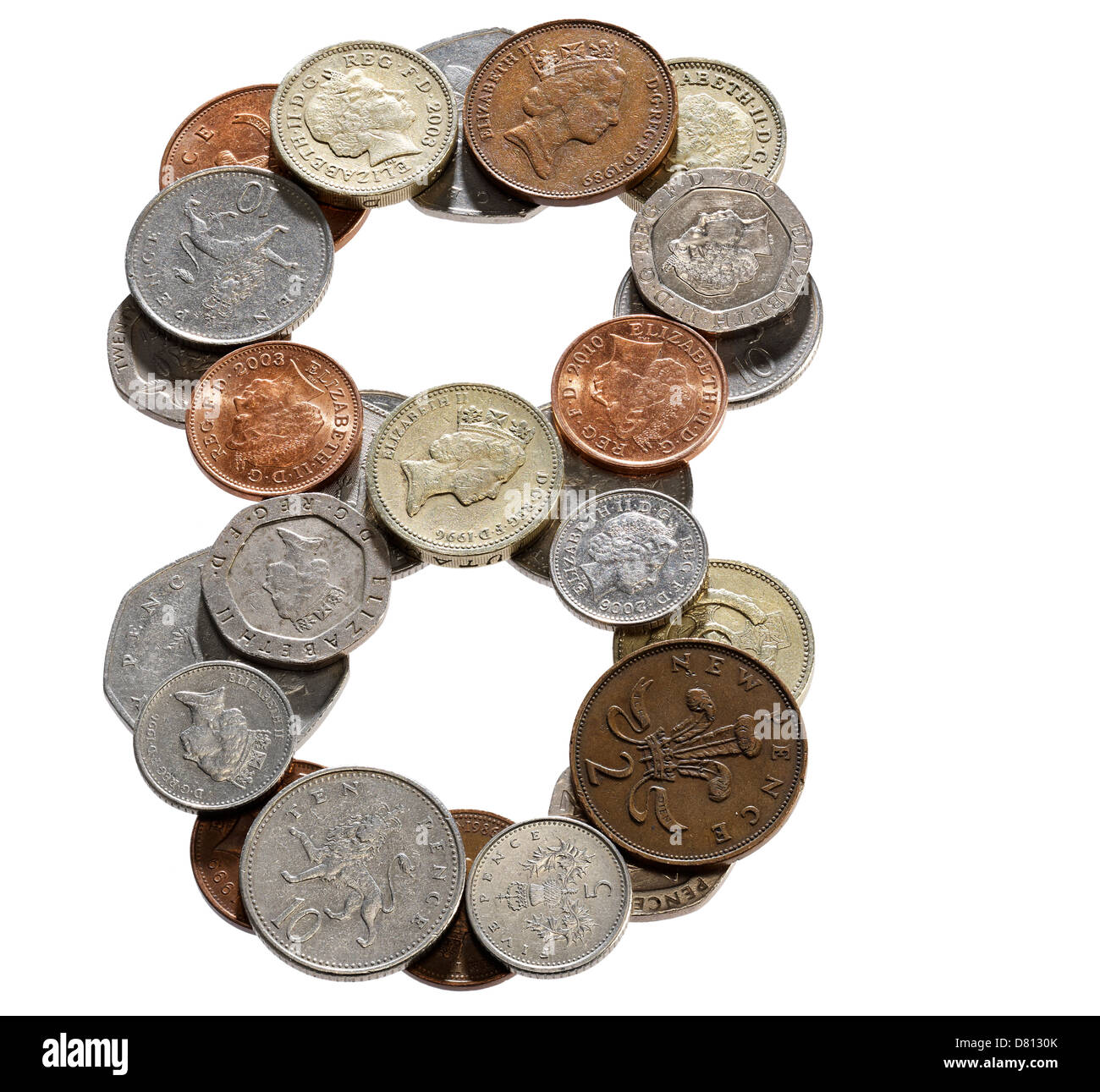 Monete del Regno Unito i numeri di font lettere parole Foto Stock