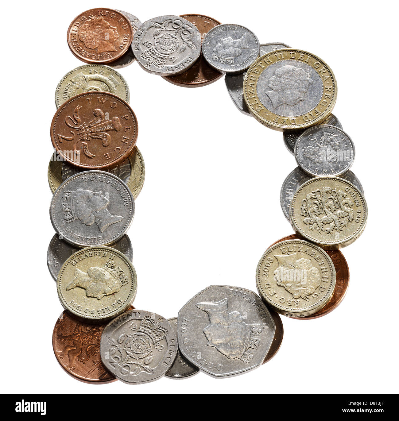 Monete del Regno Unito i numeri di font lettere parole Foto Stock