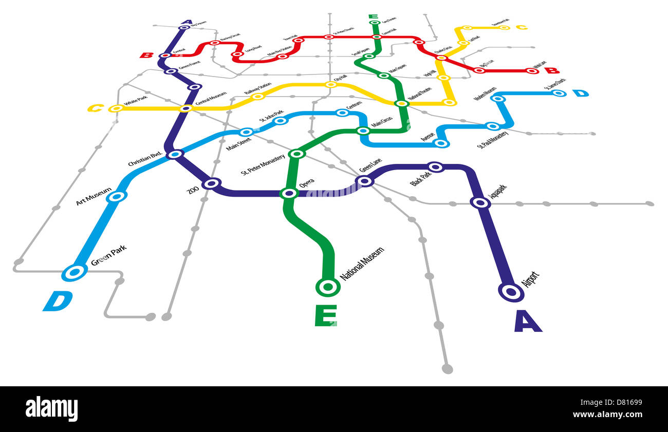 Città fittizia di trasporto pubblico schema su sfondo bianco Foto Stock