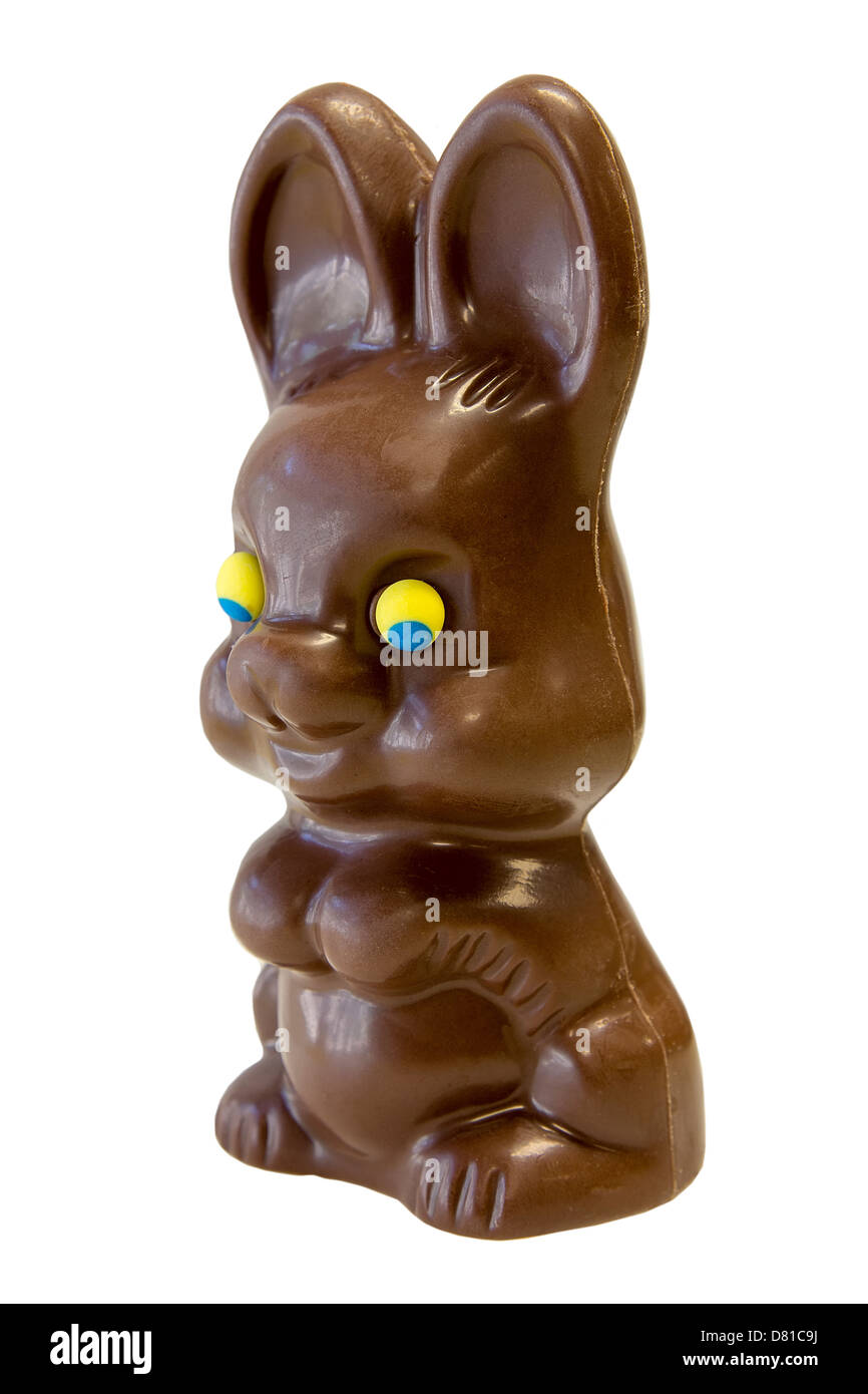 Felice di cioccolato il giorno di Pasqua Bunny Rabbit vista laterale isolata su sfondo bianco Foto Stock