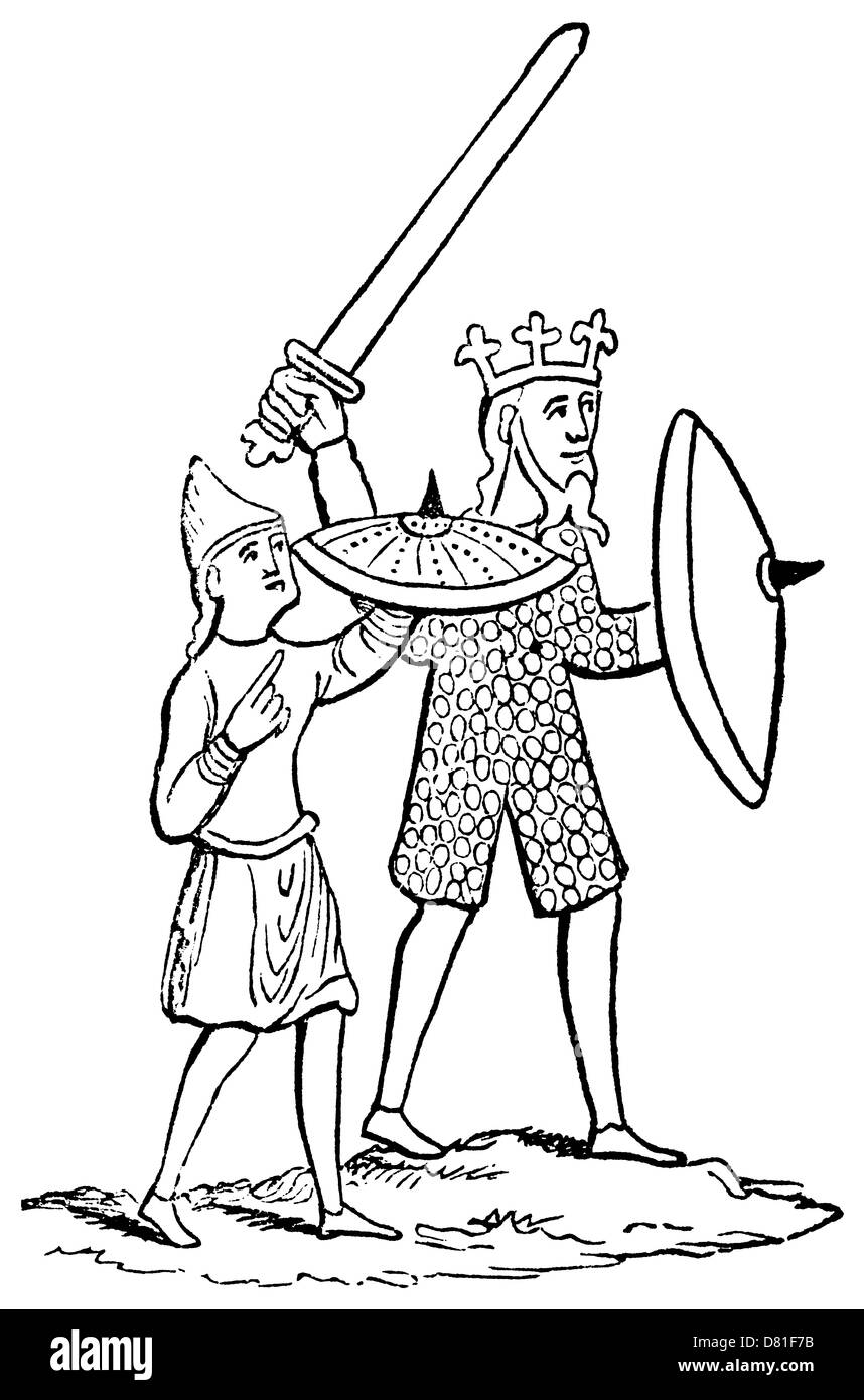 Posta inanellato da 1230 A.D. di disegno di un Norman o tardi re sassone e la sua pagina di-boy. Foto Stock