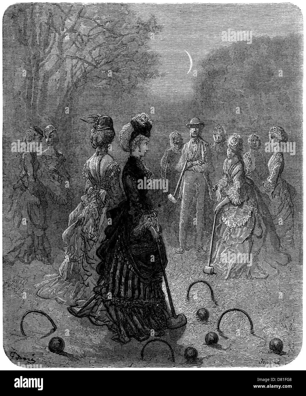 Victorian le donne e gli uomini che giocano Croquet al chiaro di luna: Gustave Doré incisione che illustra la società di Londra Foto Stock